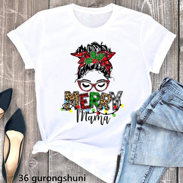Rainbow Christmas Mama Graphic Print Tshirt Women'S Clothing Fashion Short Sleeve T Shirt Femme White Casual Female T-Shirt