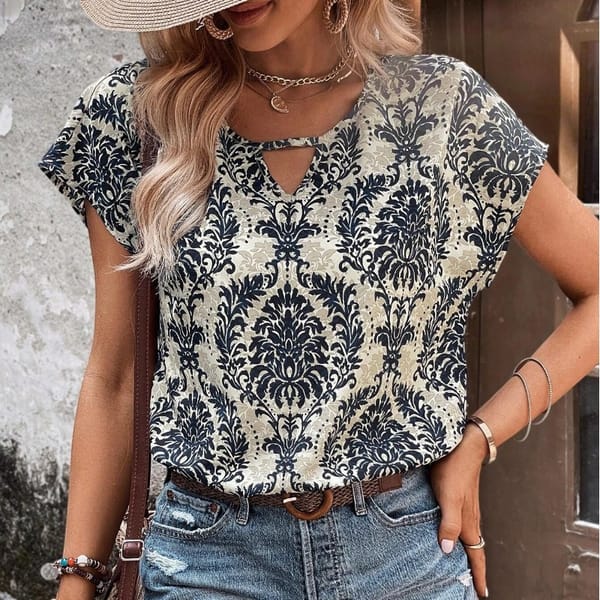 2024 Women's Summer New Pullover V-neck Patchwork Fashion Versatile Printing Batwing Sleeve Loose Casual Short Sleeved Tops