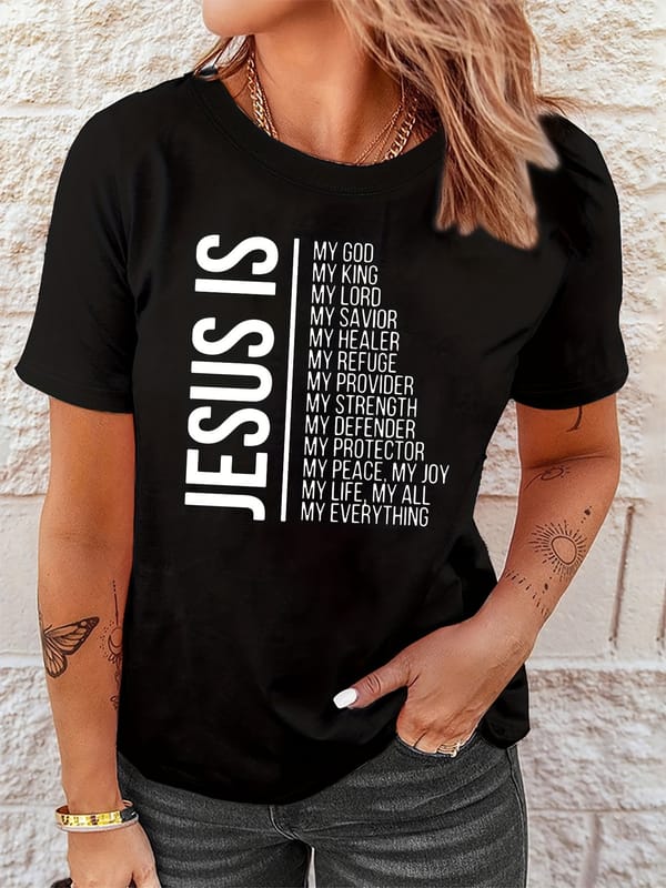 Jesus Is Letter Print T-Shirt, Short Sleeve Crew Neck Casual Top For Spring & Summer, Women's Clothing