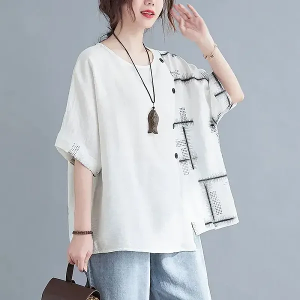 2024 Fashion Summer Printing Women's Round Neck Button Asymmetric Lattice Casual Versatile Loose Short Sleeve T-shirt Tops LU260