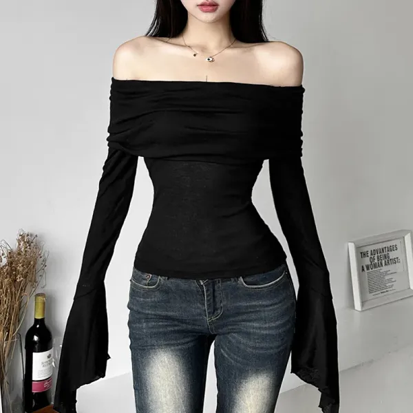 Europe and the United States wind 2024 summer new women's solid color slim-fit fashion line neck sexy halter long sleeve T-shirt