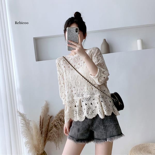 New 2022 Fashion Hollow Out Shirt Women's Flower Blouse Loose Lantern Sleeves Smock Girl's Sweet Tops Beige Crochet Shirts