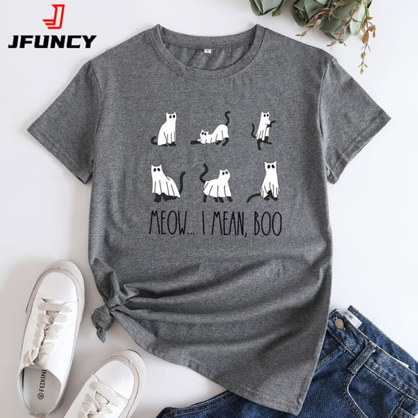 JFUNCY Women's Tee Shirt Oversize Female T-shirt Short Sleeve Women Top 2024 Fashion Halloween Cat Graphic T Shirts Woman Tshirt