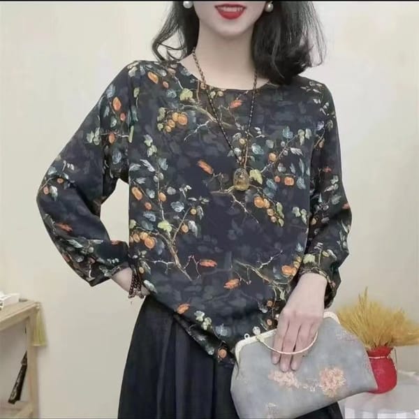 Fashionable Temperament Women's Clothing Spring and Summer Versatile Trendy Printed Round Neck Long Sleeved Commuting T-shirt
