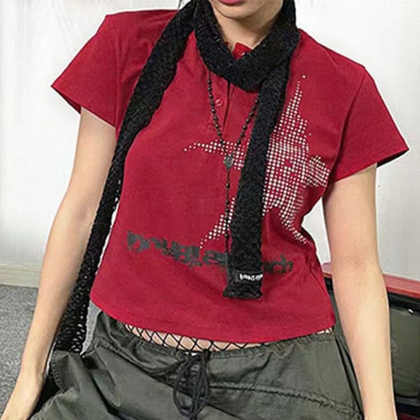 Women's Aesthetic Summer Streetwear Slim Fit Short Sleeve Star Print Button T-Shirt Round Neck High Street T-Shirt
