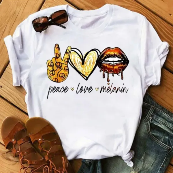 Women's New T Shirt Short Sleeve Fashion Cartoon Peace Love Series Printed Large Size Leggings Lively Girl Crewneck T-shirts