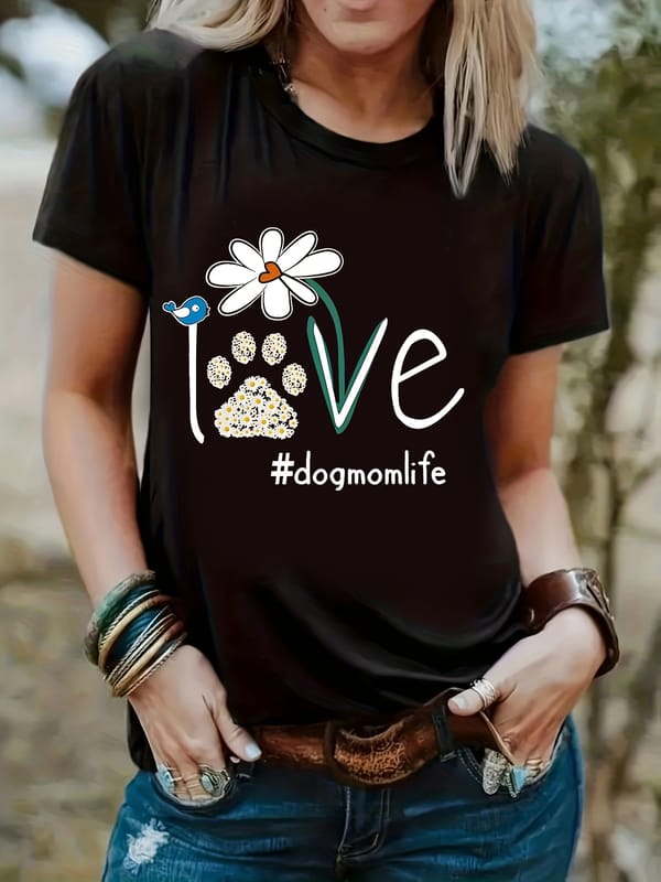 Women's Floral and Paw Print T-Shirt - Casual Short Sleeve Top for Spring and Summer
