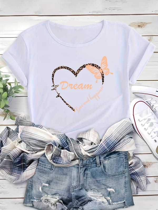 Dream Heart Butterfly Graphic Crew Neck Sports T-shirt, Casual Loose Short Sleeves Tops, Women's Activewear