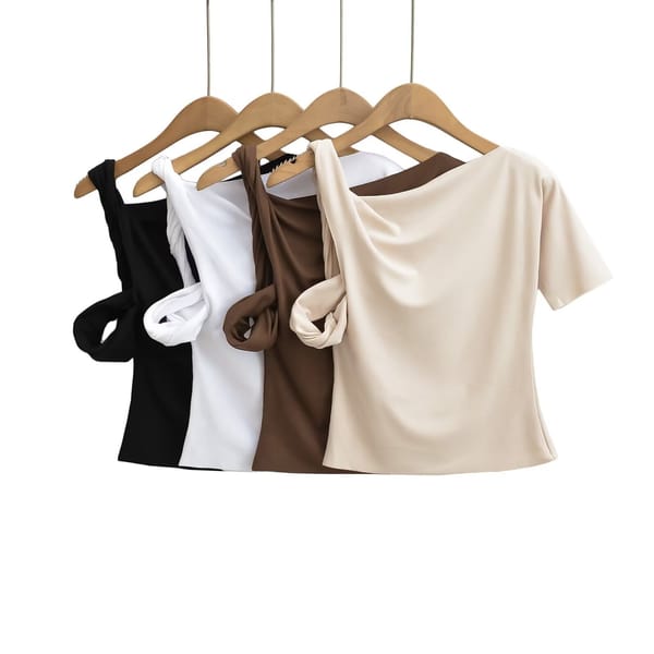 24 Summer New Women's Design Sense Asymmetric Twist Off Shoulder T-shirt Sexy Spicy Girl Slim Fit Short Sleeved Top