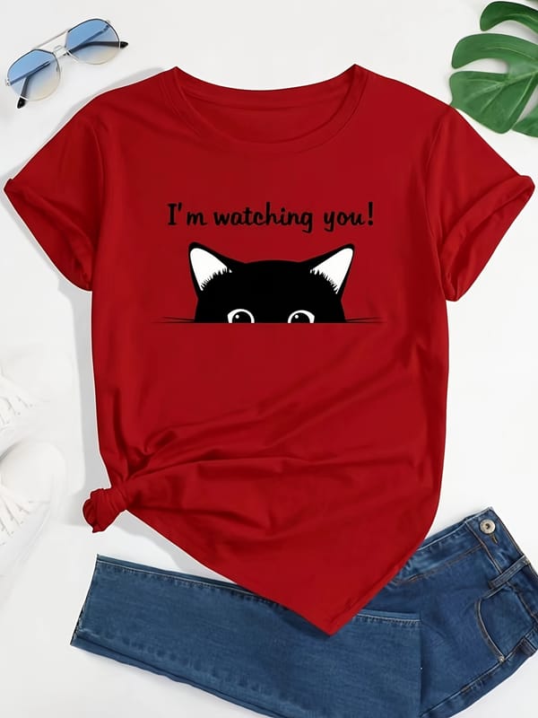 Cat & Letter Print Summer T-shirt, Cute Short Sleeve Crew Neck Top, Women's Clothing