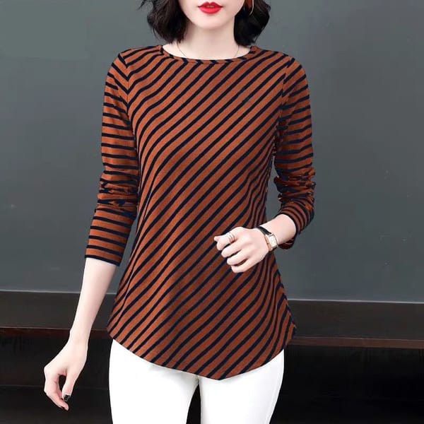 Fashion Printed Striped Loose All-match T-Shirt Women's Clothing 2023 Autumn New Oversized Casual Pullovers Korean Tee Shirt