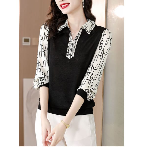 Fashionable and Versatile Casual Women's Clothing Patchwork Buttons Simplicity Printed POLO Collar Long Sleeved Trend Pullover