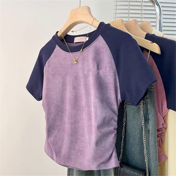 Contrasting T-shirt with round neck and short sleeves for women's summer, new slim, versatile and niche design cotton top.