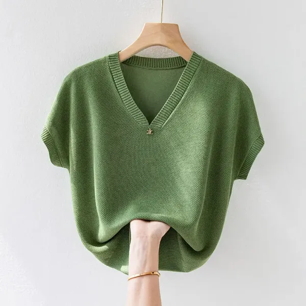 Summer Silk Short Sleeve T-shirt Women's Loose Outwear Korean Solid V-neck Youthful Vitality Fashion Vintage Knit Thin Top D129