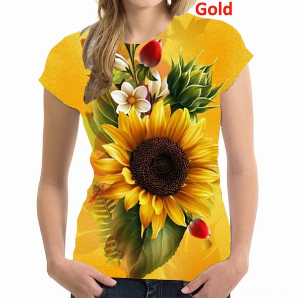 Women's Top 2023 New Fashion Women's Sunflower Printing Short Sleeve Slim O-neck Soft T-shirt
