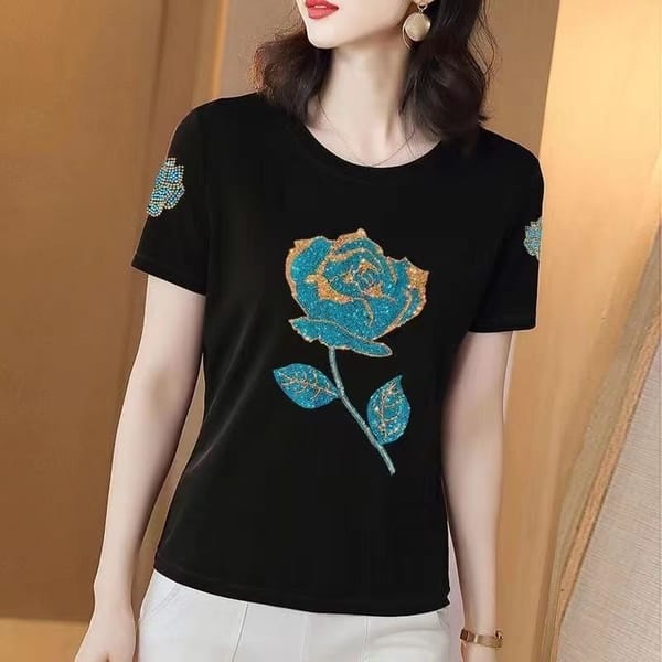 2024 Summer Women's New Pullover O-Neck Patchwork Fashion Print Rhinestone Comfortable Slim Casual Short Sleeved T-Shirts Tops