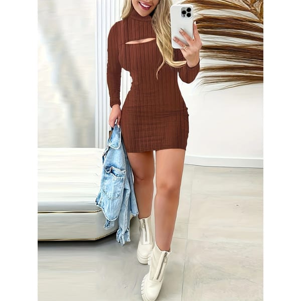 Women's Clothing Oversize Casual Autumn and Winter New Fashion Hollow Out Half High Neck Long Sleeve Versatile Commuter Dress