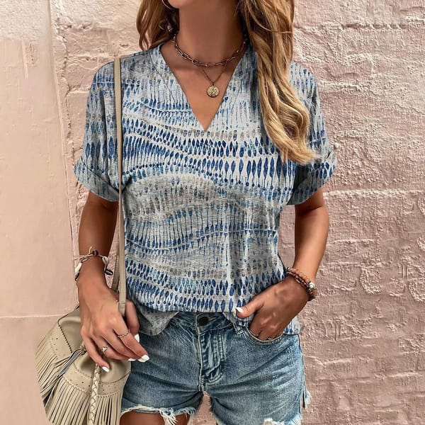 Summer Women's T-shirt Top Striped Print T Shirt Tie-Dye Style Short Sleeve Ladies Clothing V-Neck Oversized Blouse Female Tees