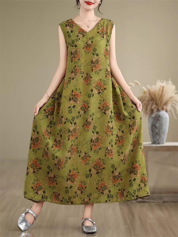 Retro Floral Cotton And Linen Vest Dress Women's Oversized Summer Loose Sleeveless Ethnic Style Printed Midi Dresses K1894