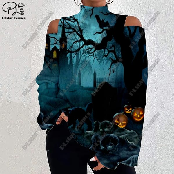 3D Printed Halloween Horror Death Skeleton Crow Owl Pattern Women's Lantern Sleeve Off Shoulder Textured Casual Long Sleeve w-8