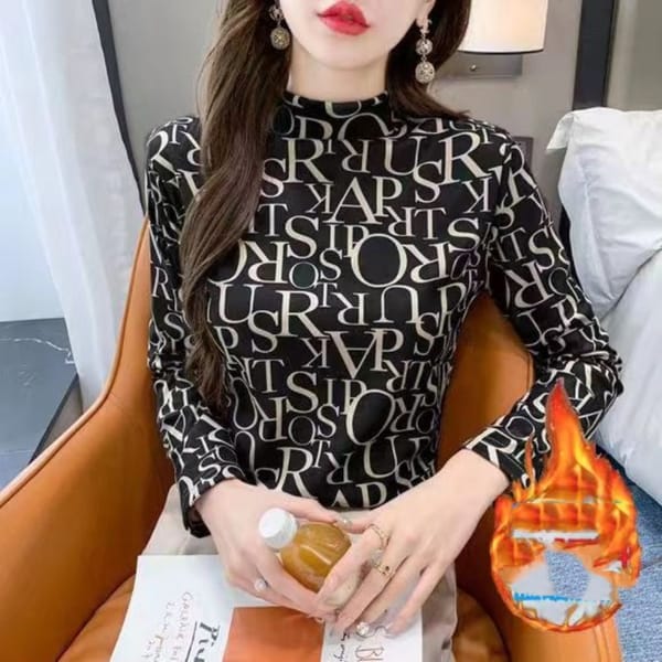 New German Velvet Thickened Pullover Half High Neck Warm Printed Letter Women's 2024 Fashion Casual Long Sleeved T-shirt Tops