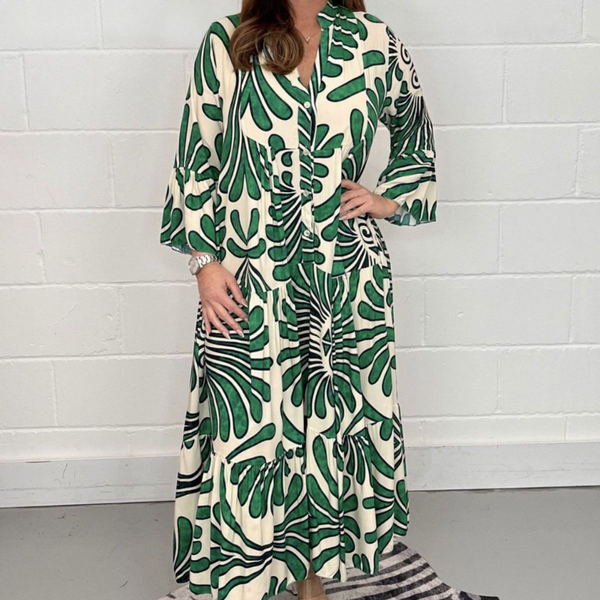 Women's Clothing 2023 Autumn Fashion New Splice Buttons Simplicity Printed V-neck Long Sleeved Versatile Commuting A-line Dress