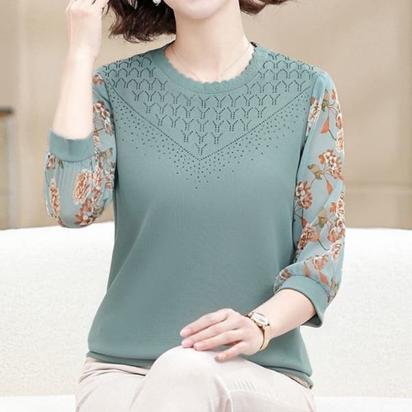 Spring and Autumn Women's Pullover Round Neck Three Quarter Gauze Rhinestone Printing Loose Commuter Fashion Casual Bottom Tops