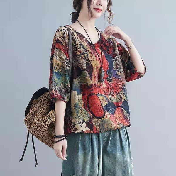 Women's Round Neck Pure Cotton Linen Summer New Loose Folk Retro Half Sleeve Printed Geometric Drawstring Pullover T-shirt Tops