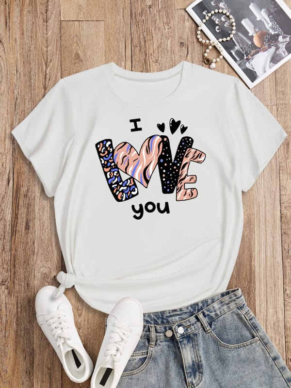 Love Print T-shirt, Short Sleeve Crew Neck Casual Top For Summer & Spring, Women's Clothing