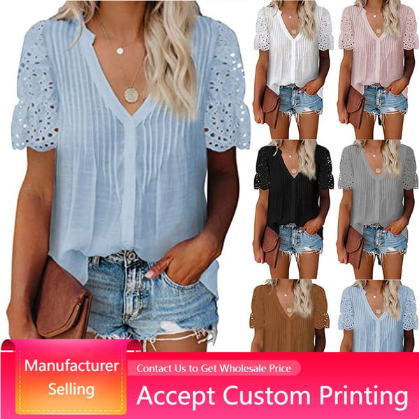 Women's Short Sleeve Fashion Shirt Spring Summer Casual Solid V-Neck Pleated Lace Panel Short Sleeve Top Pullover Chiffon Shirt
