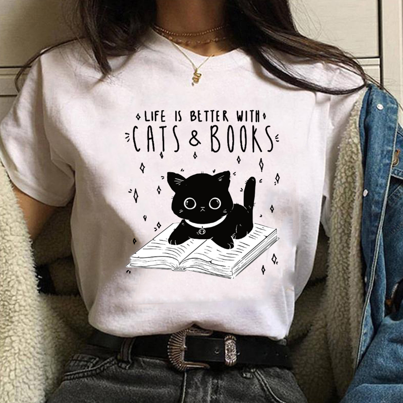 LIFE IS BETTER WITH CATS BOOKS Printed T-shirt Women's Cat Harajuku Pattern Shirt Summer Women's Breathable T-shirt Top
