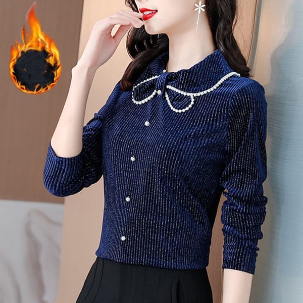 Autumn and Winter Women's Pullover Bow Slim Lapel Long Sleeve Button Striped Stripe Solid Elegant Fashion Casual Commuter Tops