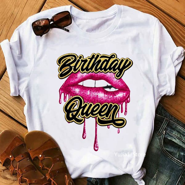 Summer Fashion Birthday Squad/Queen Graphic Print Women'S T-Shirt Sexy Glitter Lips Tshirt Femme Tops Tee Shirt Female Wholesale