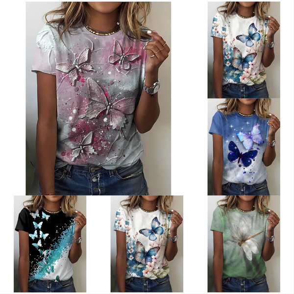 2024 summer fashion short-sleeved tops new O-neck 3d butterfly print T-shirt women's T-shirt plus size summer tops for women