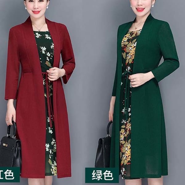 Fake Two-piece Printed Outerwear Autumn Women's Mid Length Square Neck Long Sleeved Dress Spring Loose Casual Comfortable Dress