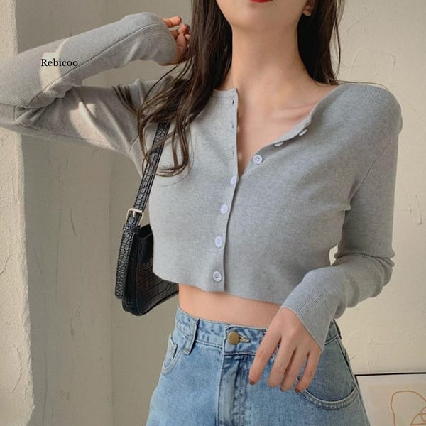 Thin Women's Knitted Cardigan Sexy Solid Color T-shirt Crop Trendy Casual Long Sleeve Women T shirt