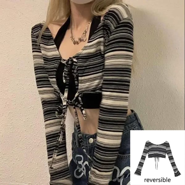 Sexy Lace Up Short Y2k Top Women's Slim T-shirts Long Sleeves Black and White Stripes Irregular Cardigan Straps Reversible