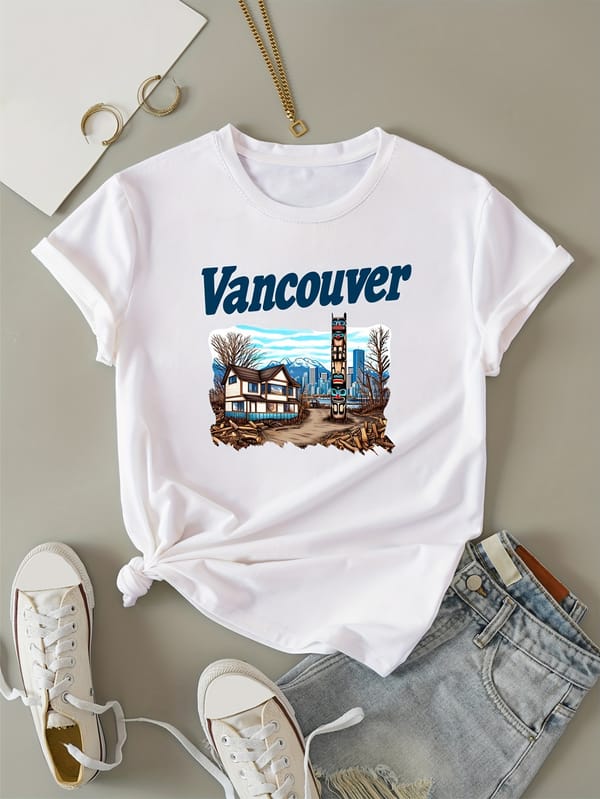 Building & Letter Print Crew Neck T-shirt, Casual Short Sleeve Top For Summer & Spring, Women's Clothing