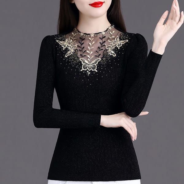 2023 Autumn and Winter New Elegant Versatile Commuter Women's Clothing Hollow Out Standing Collar Long Sleeve Casual Pullover