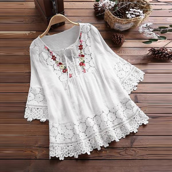 Bow Lace T-Shirt Vintage Patchwork V-Neck Blouses Quarter Women Women's Blouse  Vintage Loose Women's Blouse Plus Size T-Shirts