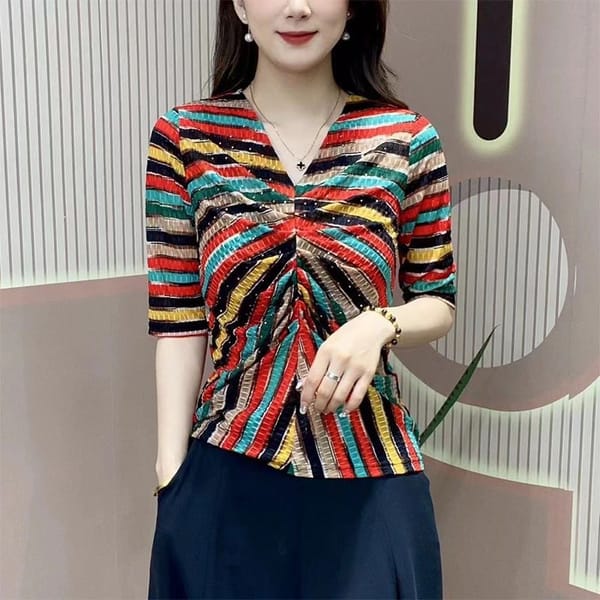 Summer Women's 2024 Pullover V-neck Patchwork Printed Striped Folds Fashionable Minimalist Commuting Slim Fit Half Sleeve Tops