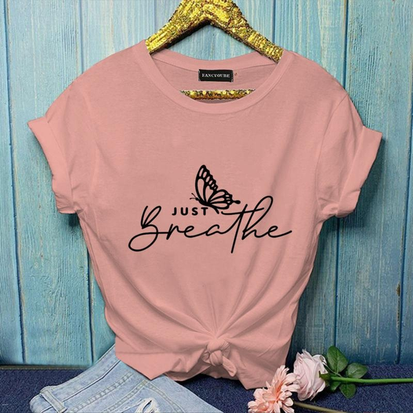 Classic Fashion Vintage Just Breathe Butterfly Pattern Printed T-Shirt Women's Outdoor Casual Cute Butterfly T-Shirt Shirt