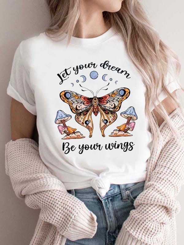 Sweet 90s Trendy Short Sleeved T-Shirt Casual T-Shirt Fashionable Women's Butterfly Printed Mushroom Letter Pattern T-Shirt.