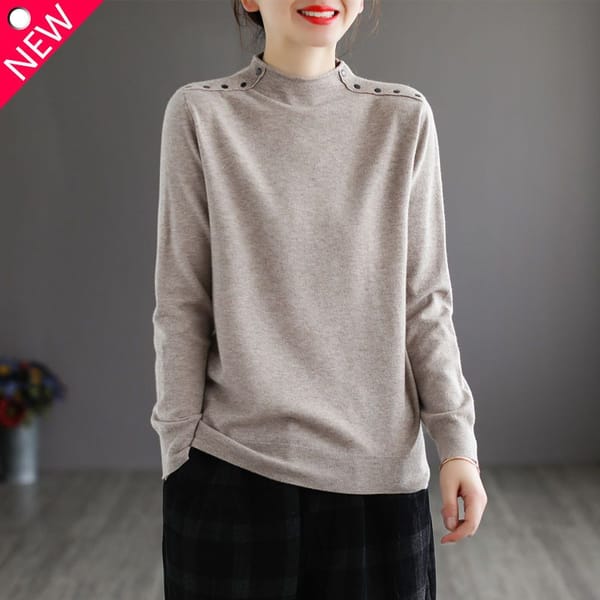 Autumn and Winter New Commuter Women's Clothing Splice Buttons Solid Color Half High Collar Long Sleeve Temperament Pullover