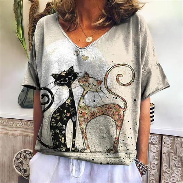 Summer Cartoon Cat Women's T-Shirts Fashion Top Tee 3d T-Shirt Harajuku Casual Short Sleeve V-Neck Oversized Female Clothing
