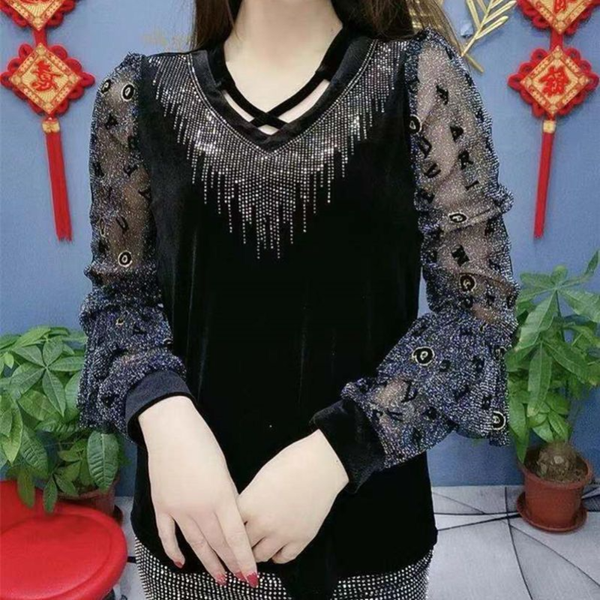 Spring and Summer New Temperament Versatile Women's Clothing Korean Version Fashion Hollow Out V-neck Long Sleeve Pullover Shirt