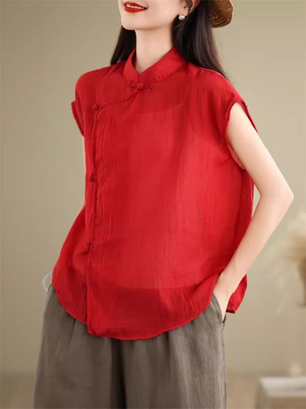Chinese Style Sleeveless Ramie Shirt Artistic Retro Slanted Collar Button Up Women's Summer 2024 Fashion Loose Casual Top K1712