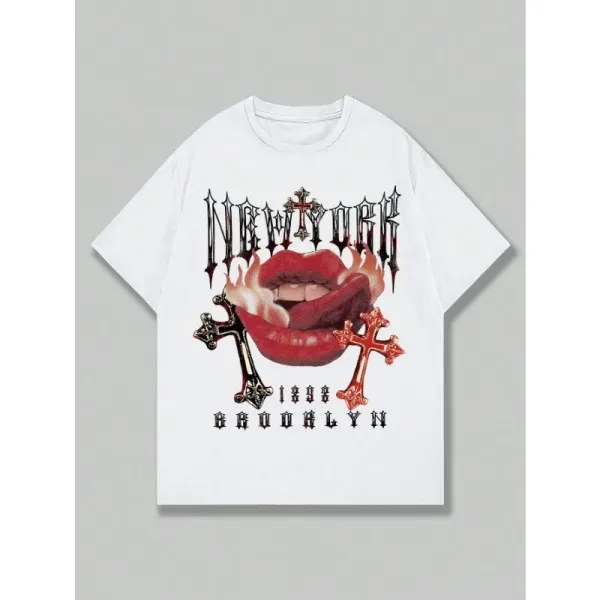 Short Sleeves T-shirt Street Life Women's Street Short Sleeved Letter and Lip Printed Round Neck Tops Is A Must-have Summer Tee