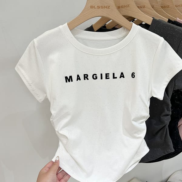 T-shirt women's summer round neck shoulder slim short shirt cotton American waist hot drilling bright silk short sleeve