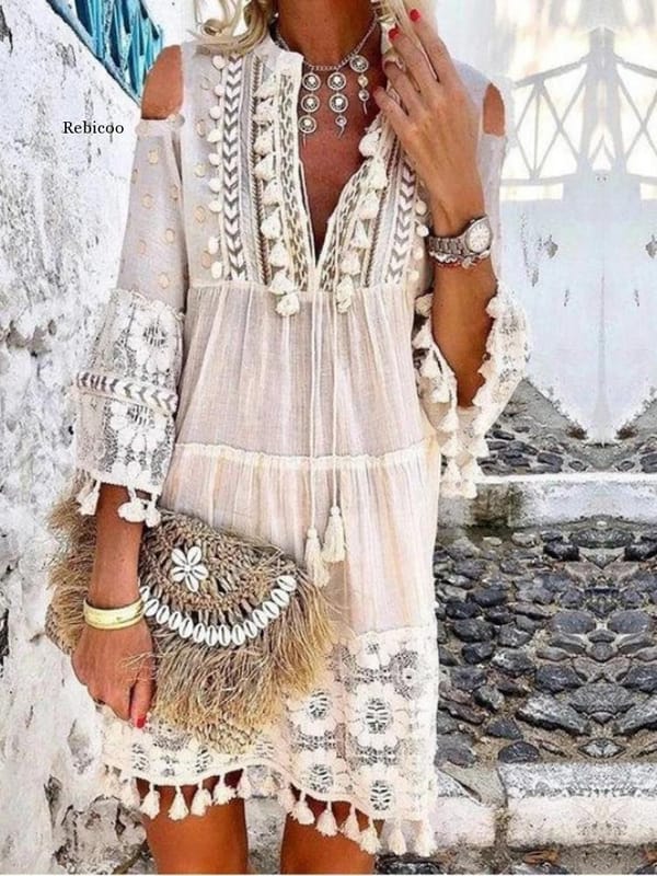 Summer women's Middle Casual Style Polyester 2022 New Fashion V-neck Low Waist Pullover Hollowed Out Ruffle Dress